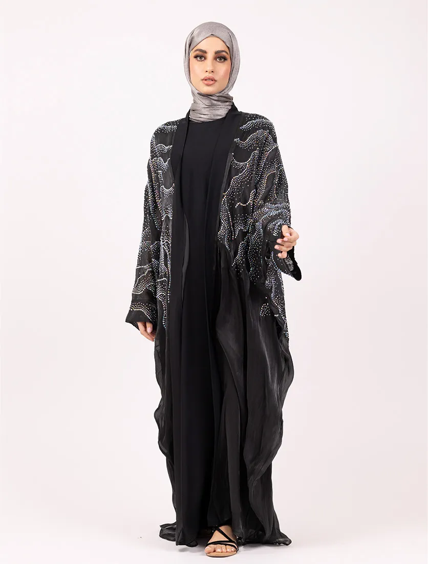 Black Crystal Embellished Sheer Overlay Abaya